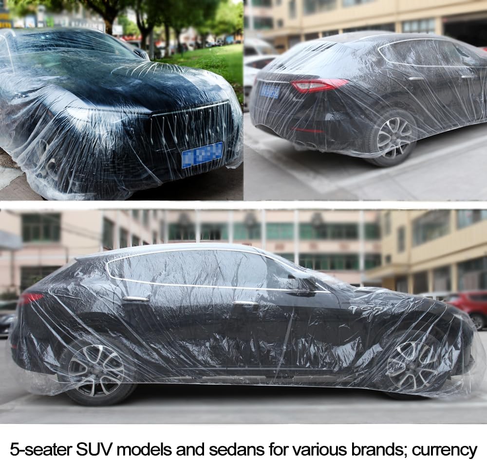 4 Packs Disposable Car Cover Clear Plastic Car Cover Universal Rain Dust Garage Cover with Elastic Band Medium (12.4 FT x 21.6 FT)
