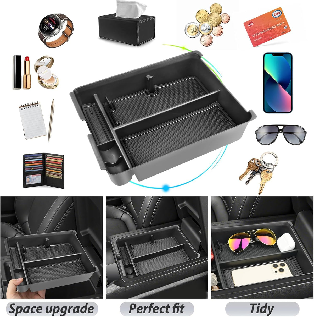 SKTU for 2025 2026 Honda Pilot Center Console Organizer 2023-2026 Pilot/ 2024-2026 Passport Armrest Tray 2025 2026 Passport Console Tray 2024 2025 2026 Pilot Accessories with Sunglasses Holder (Black)