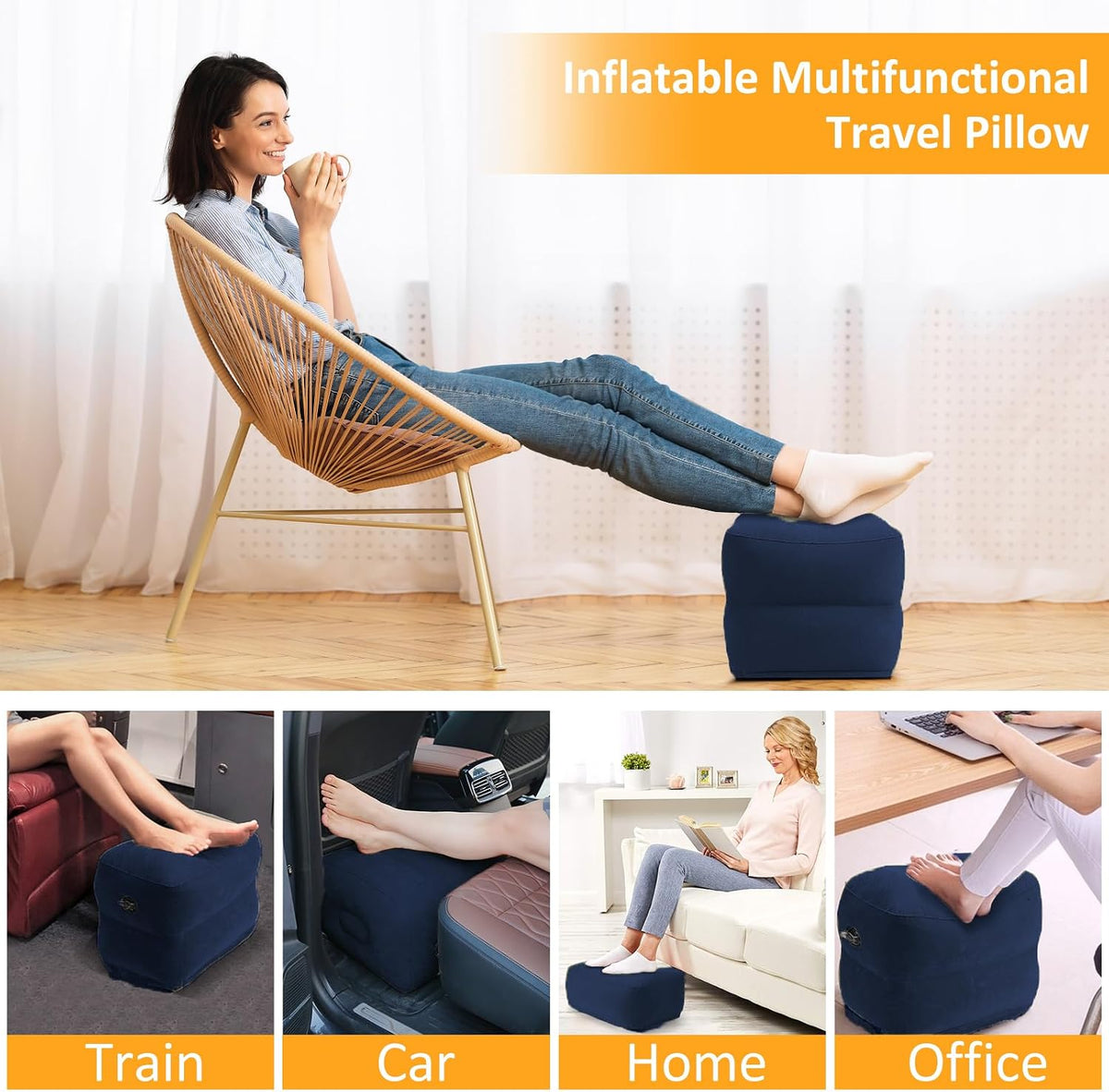 Inflatable Foot Rest Pillow for Travel - Adjustable Height Flight Foot Rest