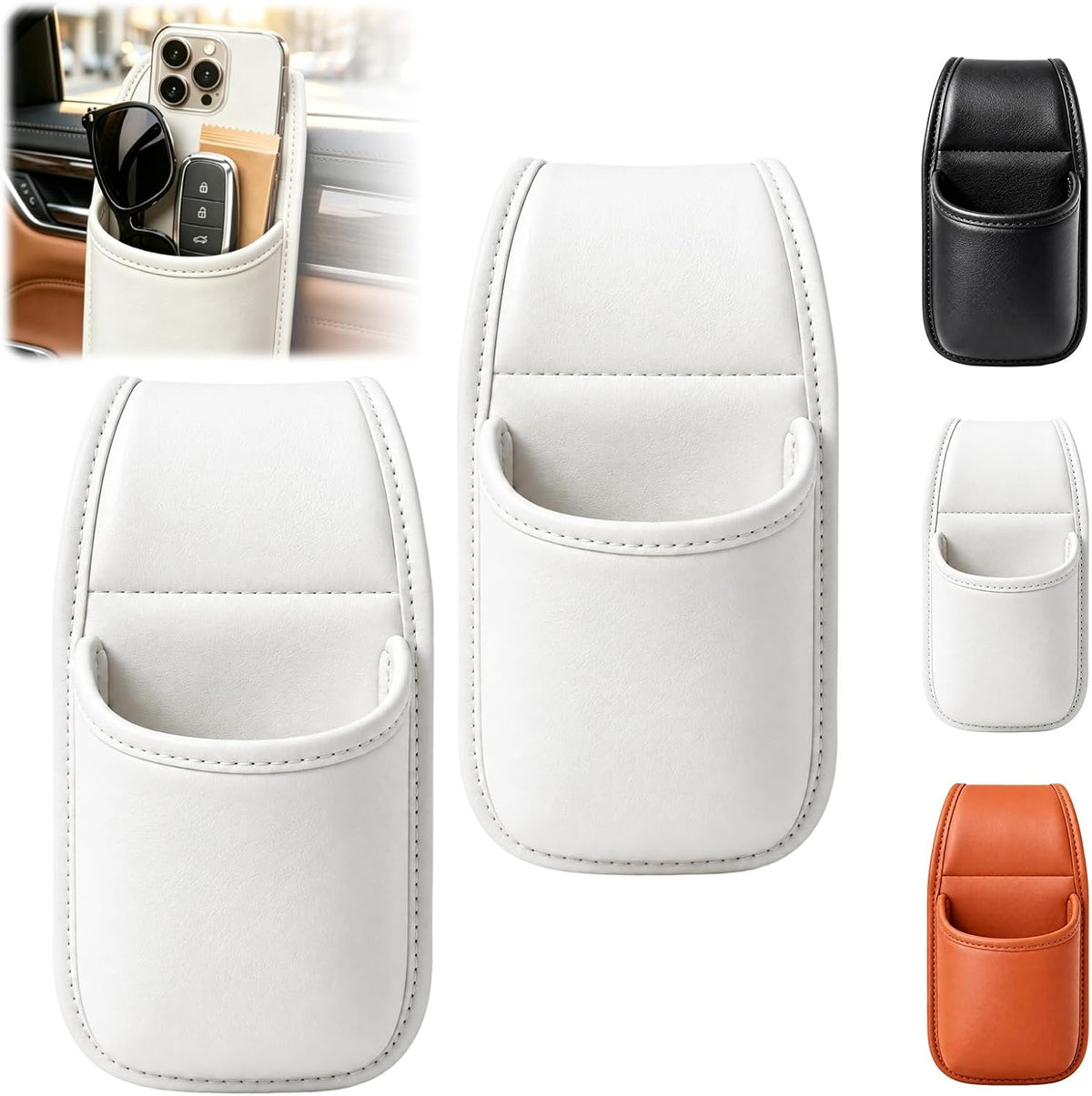 2 Pack Leather Car Door Cup Holder for Window,Multi‑Purpose Car Door Side Hanging Holder,Clip on Extra Large Drink Organizer for Phone Drink Bottle Sunglasses,Wide-Mouth Organizer(Orange)