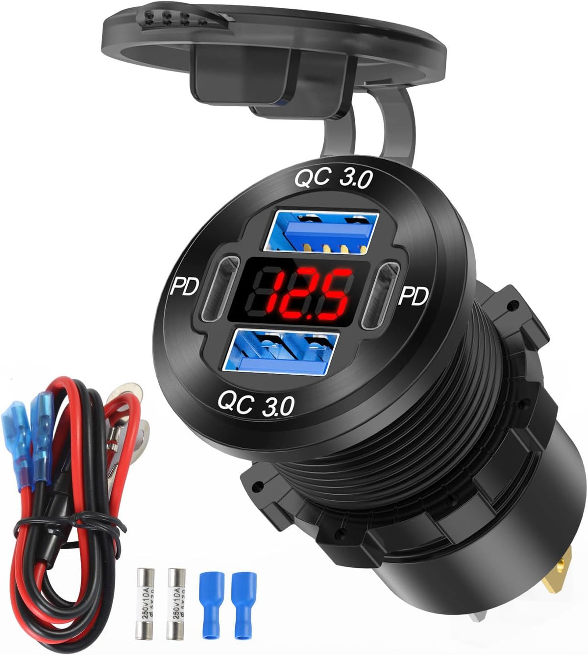 2 Pack 12V USB Outlet 4 Port Car Charger Socket, 78W Dual PD USB C and Dual Quick Charge 3.0 Port Aluminum Charger with Red Voltmeter DIY Kit Waterproof for Car Boat Marine Motorcycle RV Truck, etc
