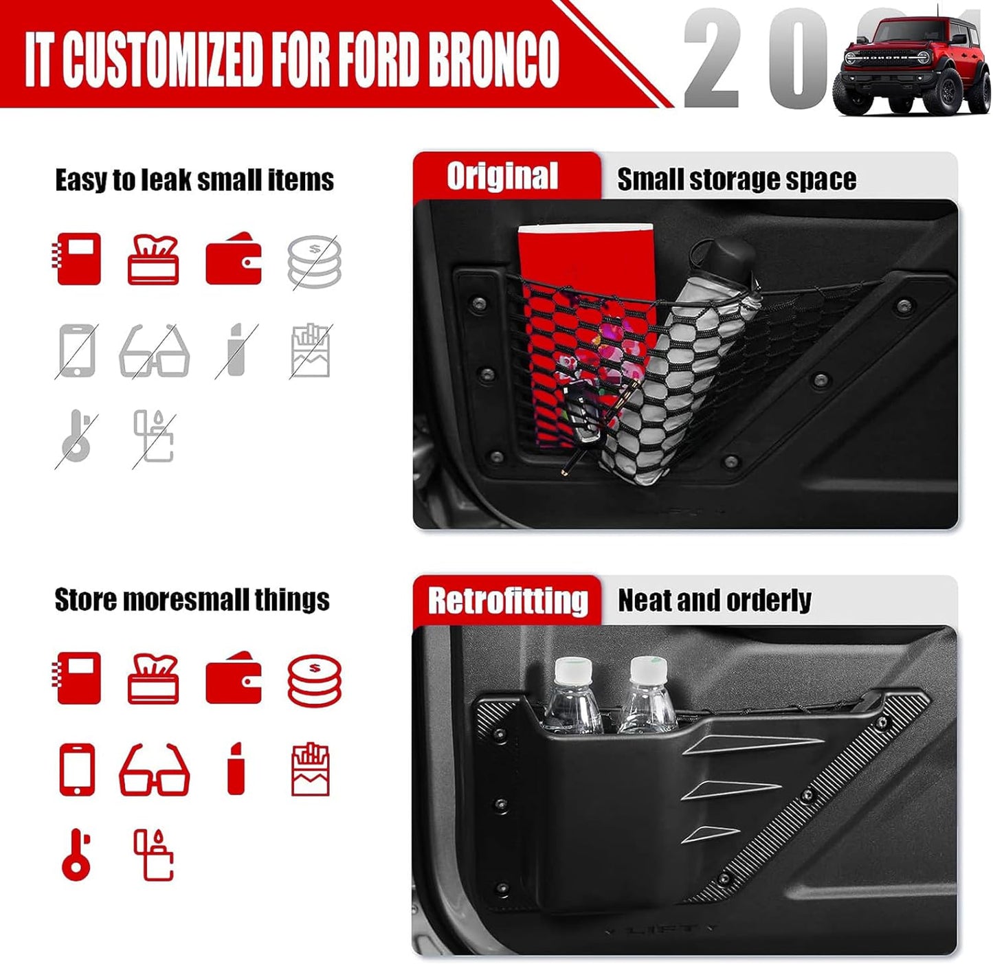 Mabett Front Door Storage Pockets for Ford Bronco Accessories 2026 2021-2025, Side Door Organizer Box fit Bronco 2/4-Door, Insert Cup Holder(2PCS)