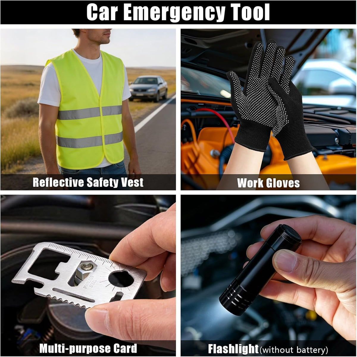 Car Roadside Emergency Kit, Portable Auto Air Compressor Tire Inflator, Jumper Cable, Car Emergency Kits for Teenagers, Black