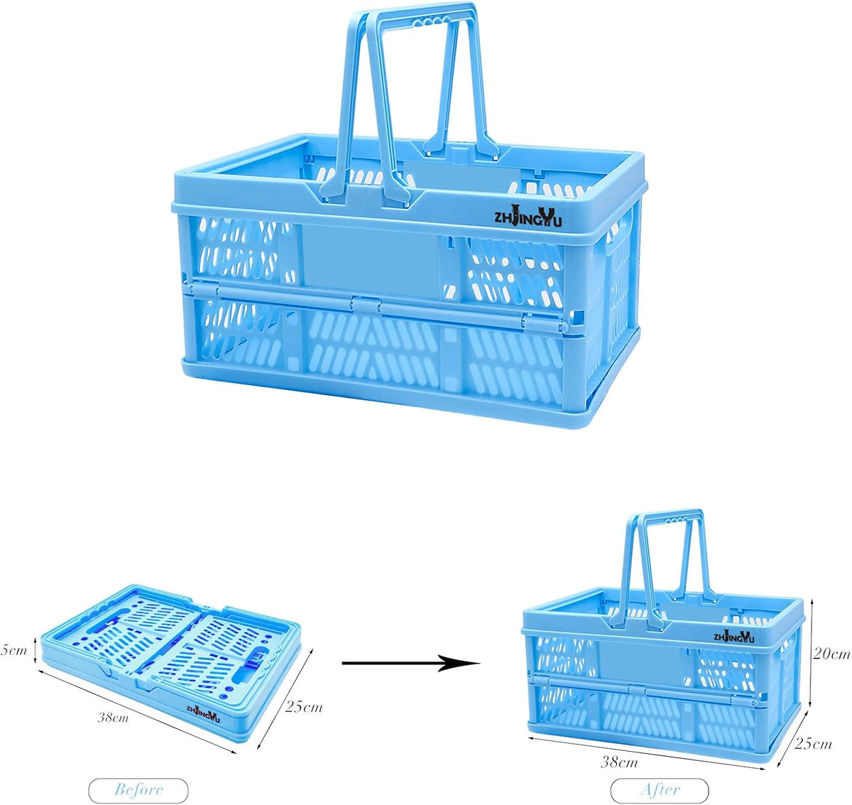 ZHJINGYU Collapsible crates for storage,plastic baskets for organizing 14.96" x 9.84"x7.87",shopping garden basket,foldable crate with Handles, car trunk basket,for Kitchen,Bathroom