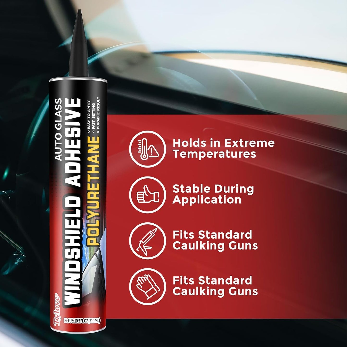 Professional Strength Urethane Windshield Sealant – Quick Curing, Weather Resistant Auto Glass Glue for Vertical & Overhead Application, 10.5oz Black, Includes Gloves