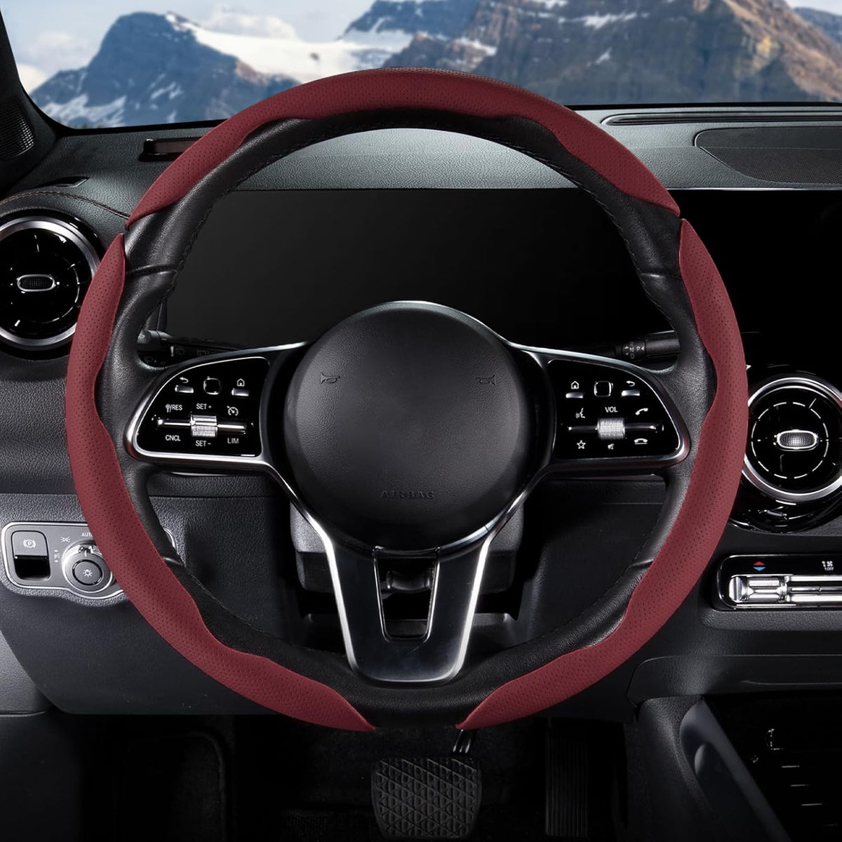 Car Steering Wheel Cover Leather 14.5-15 in Universal 3Pcs Set Wine Red