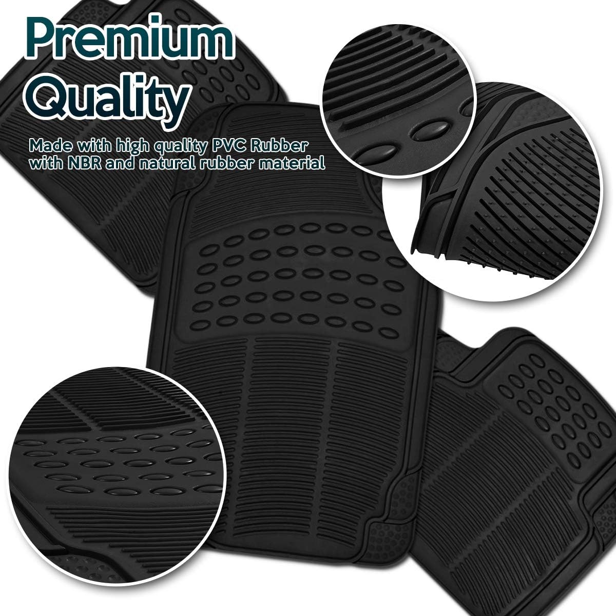 ZONETECH All Weather Rubber Semi Pattern Car Interior Floor Mats – 4-Piece Set Black Heavy Duty Car Interior Floor Mats