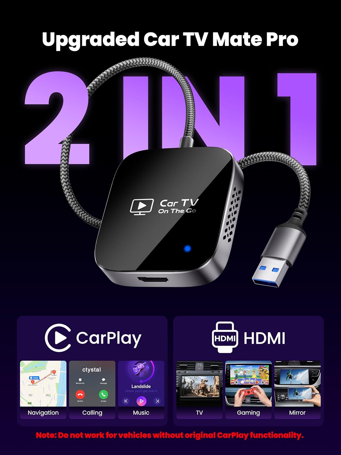 2-in-1 Wireless CarPlay Adapter & Car TV Mate Pro [Autolink Pro 2026, Metal & Glass Case] Convert Wired to Wireless Car Play with HDMI Input, Screen Mirroring & Streaming, Fit for 2016+ Cars -Black