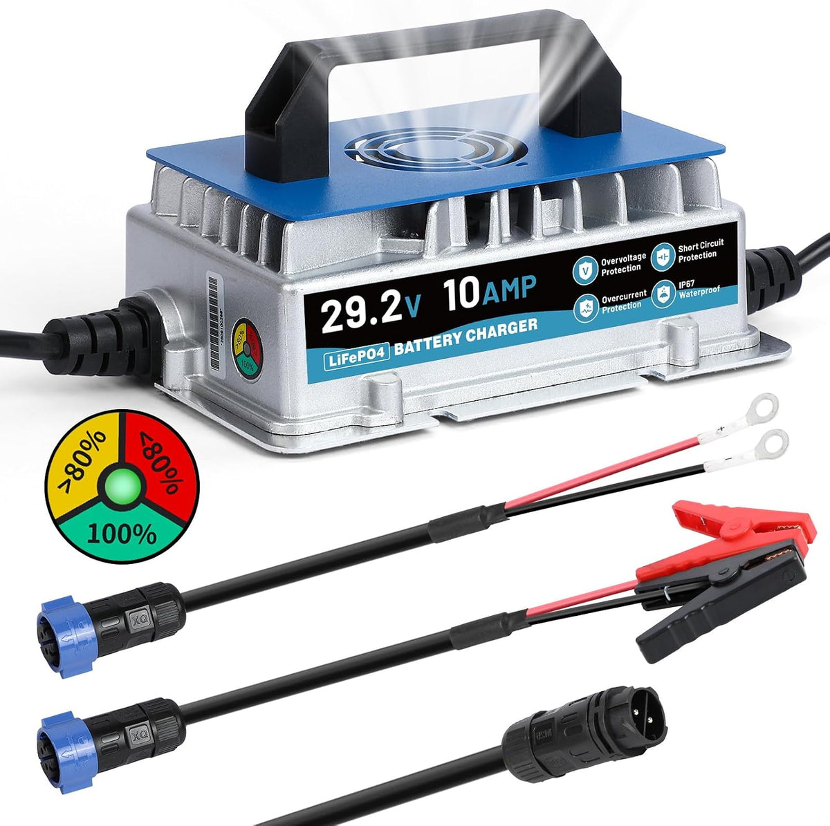 24V 10A Lithium Battery Charger, IP67 Waterproof & 0V Wake Up 29.2V LiFePO4 Battery Charger with 2 Connection Types, 7 Protections for 25.6V RV, Boat, Car, Solar, Electric Yacht LiFePO4 Battery