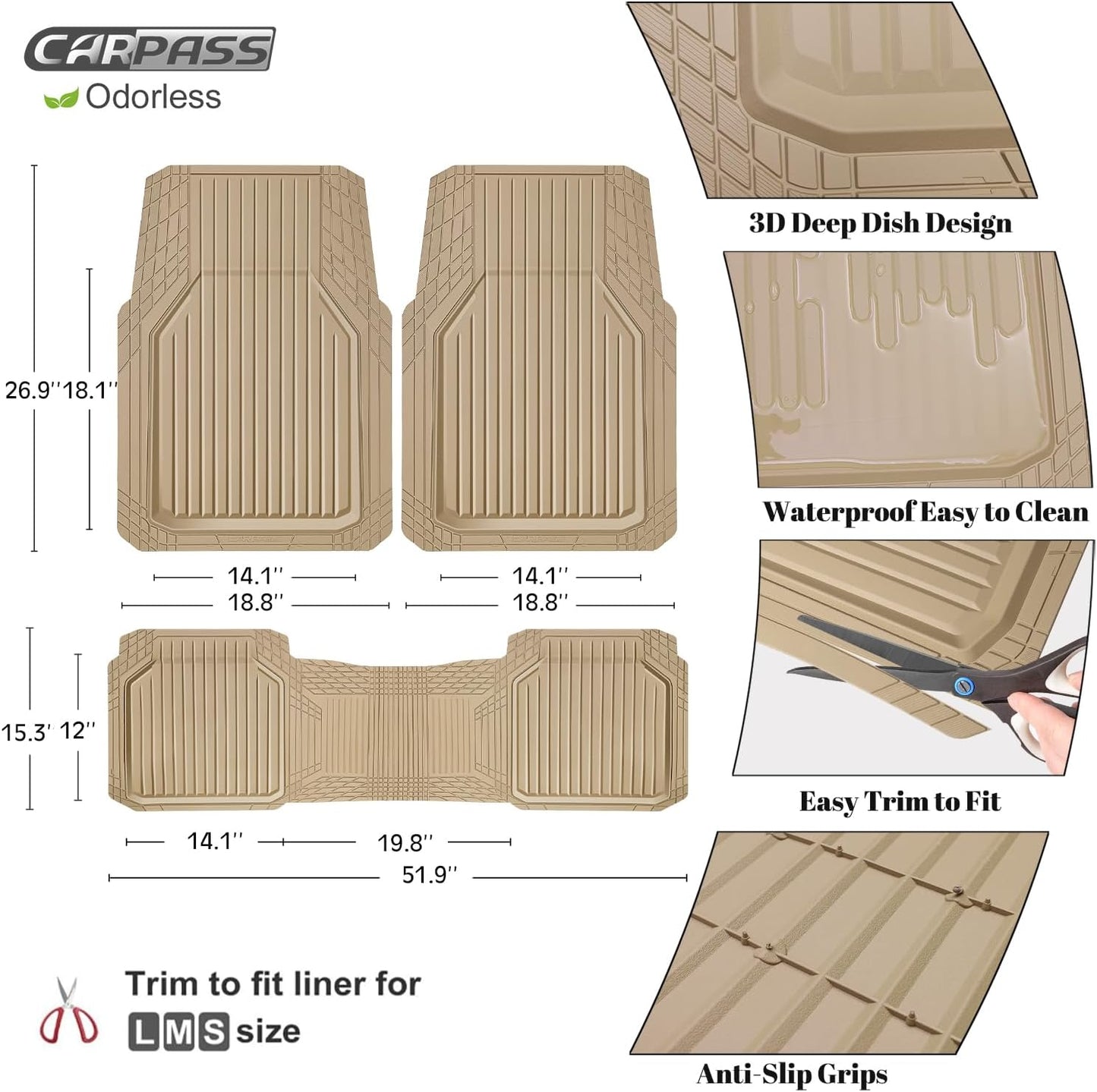 CAR PASS Heavy Duty Rubber Floor Mats for Car, Waterproof Liner Deep Dish Car Mats Full Sets, Universal Trim to Fit for SUV Truck Sedans Vans, All Weather Automotive Floor Mats 3pcs, Solid Beige