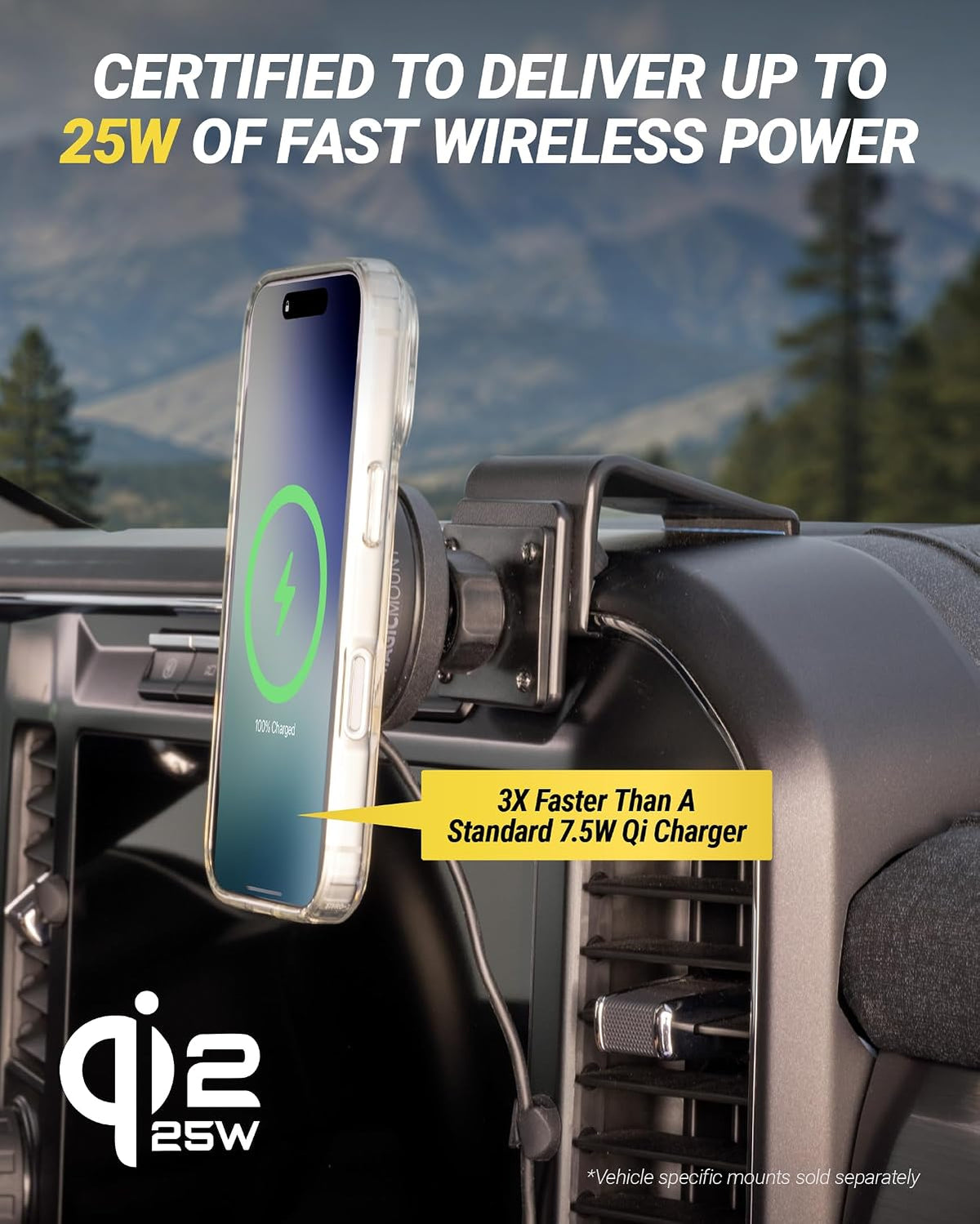 Scosche MagicMount Elite Qi2 Wireless MagSafe Car Mount Charger, 25W Magnetic Cell Phone Holder for Car with AMPS Mounting Plate and 3M Adhesive Dashboard Adapter Compatible with iPhone, Samsung