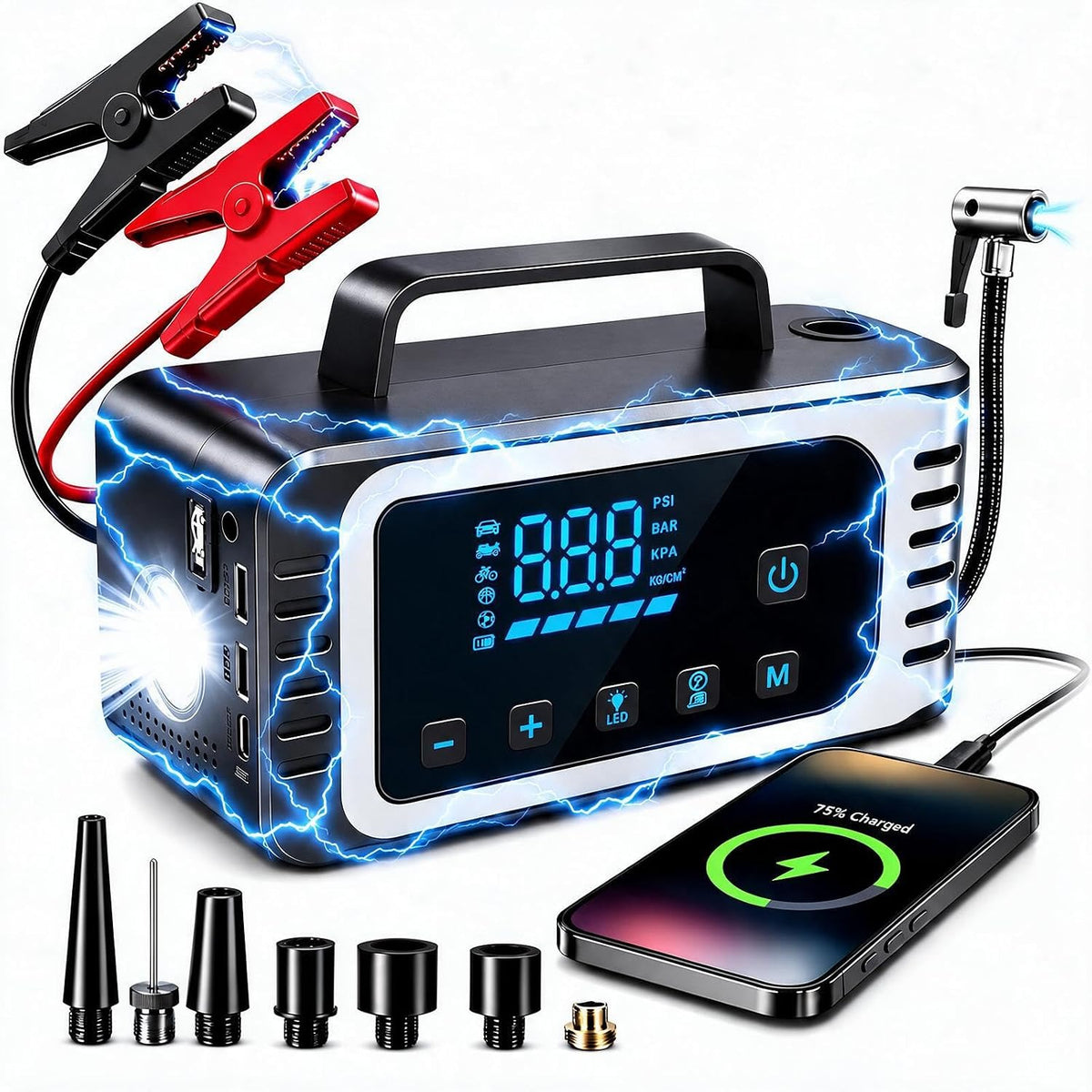 8000A Car Battery Jump Starter with Air Compressor, 150 PSI Tire Inflator