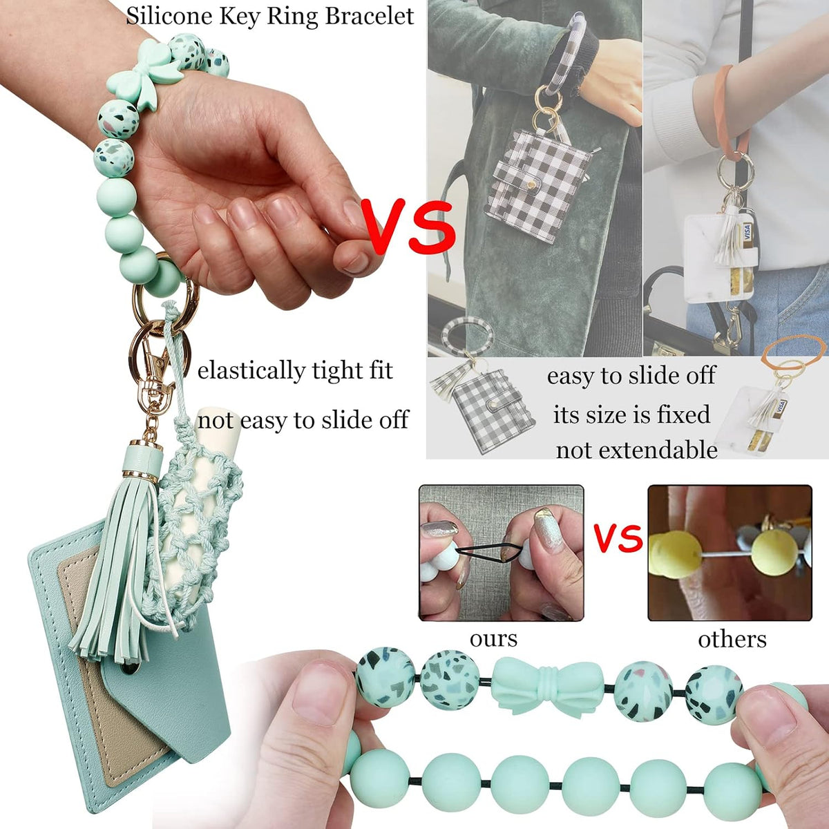 BIHRTC Silicone Key Ring Bracelets Wristlet Keychain Wallet with Net Chapstick Holder for Women