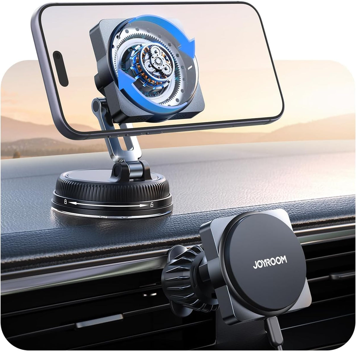 JOYROOM for MagSafe Car Mount Charger, [Smart Fingerprint-Touch Rotation] 15W MagSafe Wireless Car Charger[Vacuum & Gel 360° Base] Air Vent Dashboard Set for iPhone 17 16 15 14 13 12 Series, Black