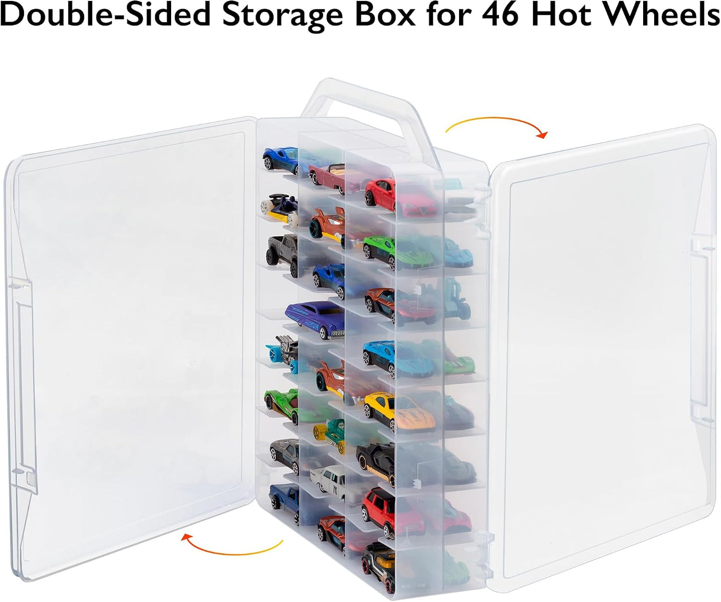 Double Sided Toy Car Storage Case for 48 Diecast Cars, Matchbox Cars, Small Dolls, Portable Storage Case for Toy Cars, Matchbox Cars with 46 Slots, Case Only