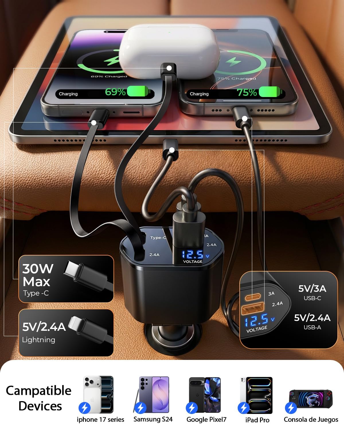 4 in 1 Retractable Car Charger, USB C Fast Charging Adapter, Black