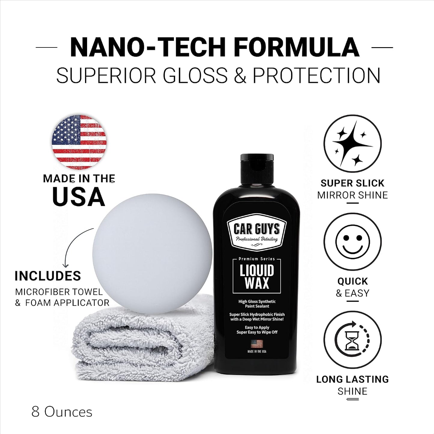 CAR GUYS Liquid Wax | Advanced Car Wax | Superior Protection with a Carnauba Shine | For all Paint Colors and Excellent Black | 8 Oz Kit