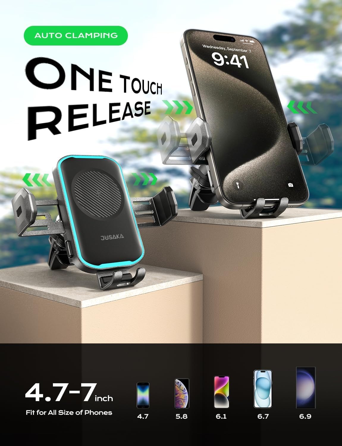 Wireless Car Charger,15W Fast Charging Auto-Clamping Car Phone Mount