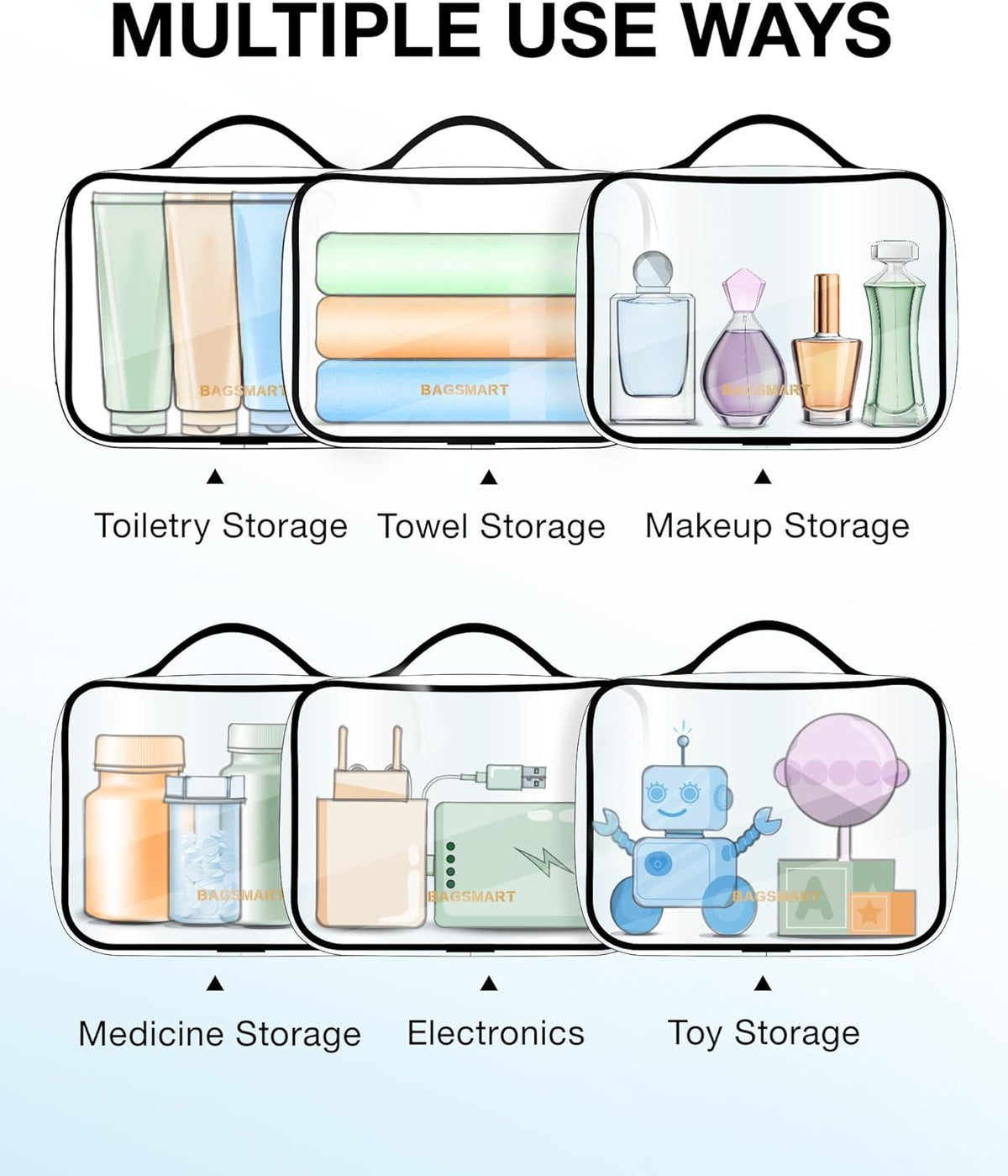 BAGSMART Clear Toiletry Bag with Handle 3-Pack TSA Approved, Black