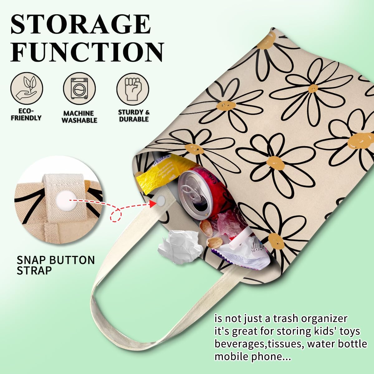 Car Trash Can, Cute Car Trash Bag, Hanging Car Organizer and Storage Bag, Trash Bin for Car Accessories, Vehicle, Travelling, Camping Cute Beige Daisy