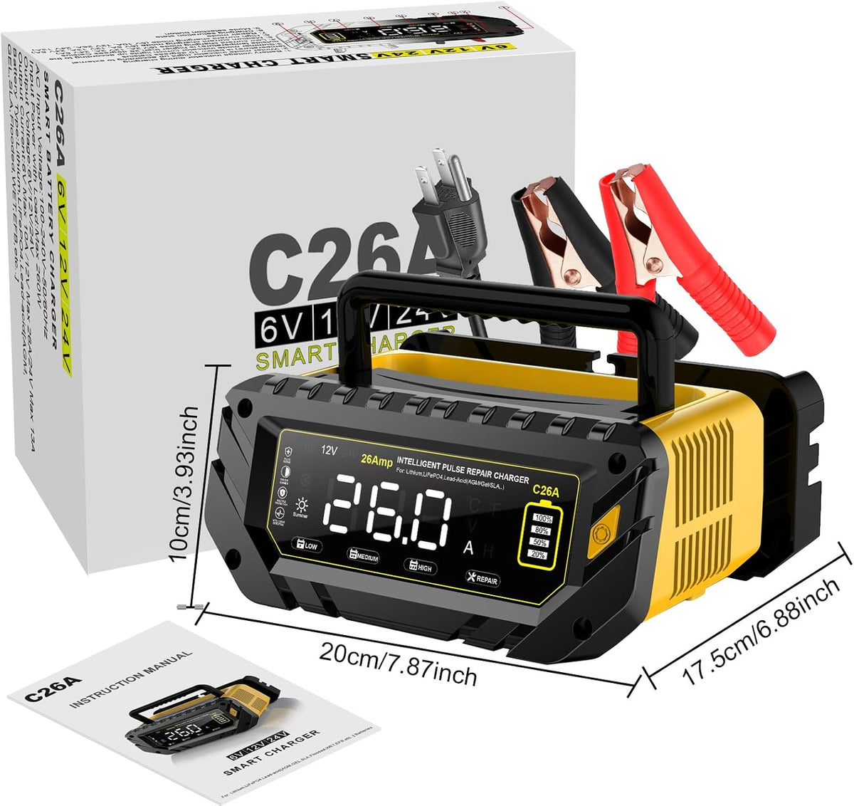 26A 6V/12V/24V Smart Battery Charger – Automatic Maintainer, Trickle Charger & Desulfator with Overcharge Protection & Temperature Compensation – for Lead-Acid (Wet, Gel, AGM) & Lithium(LiFePO4)