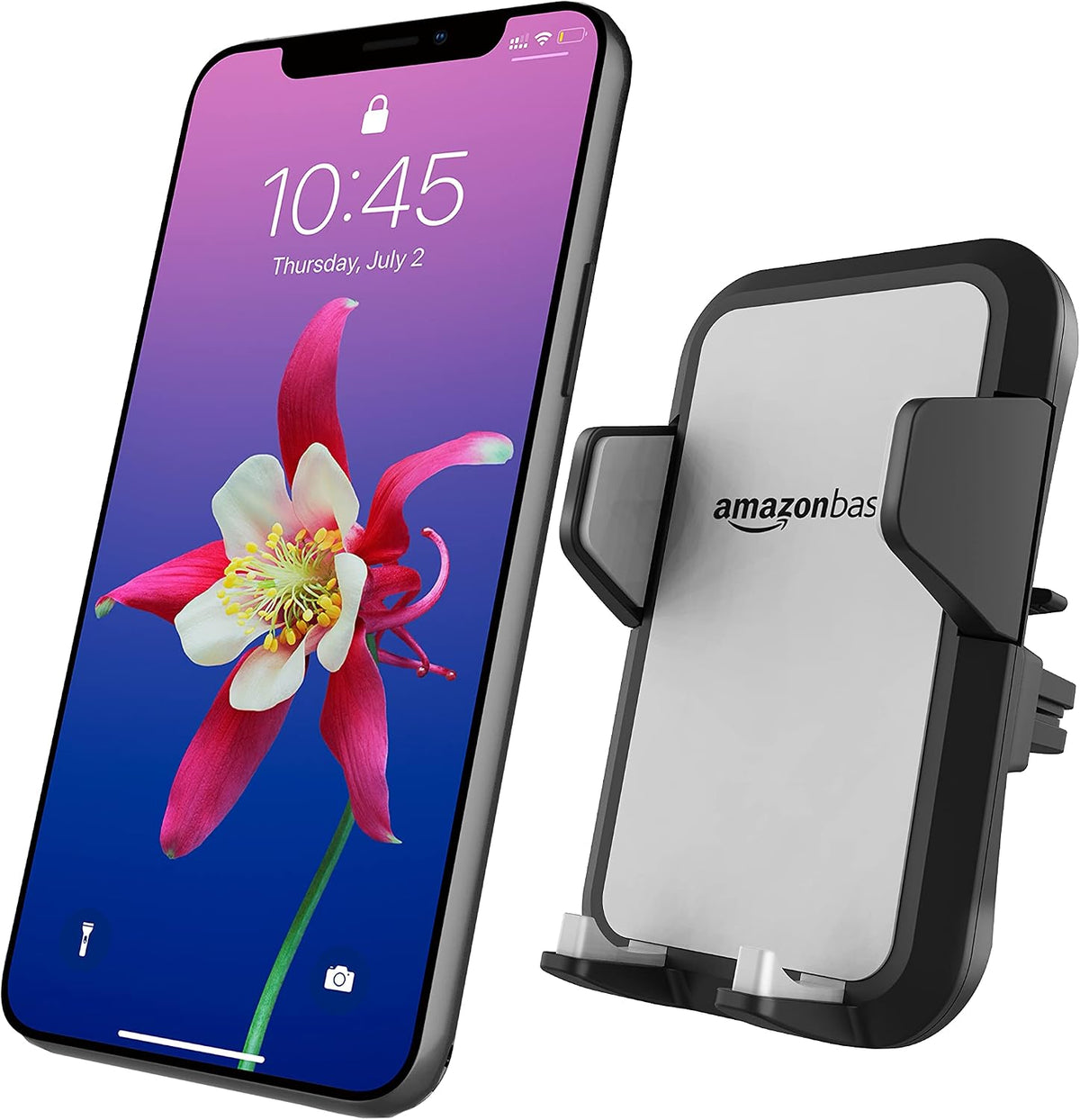 Amazon Basics Universal Portable Smartphone Holder for Car, Air Vent Mount, 360° Rotation, Easy to Install, One-Handed Release, Adjustable and Secure, Grey