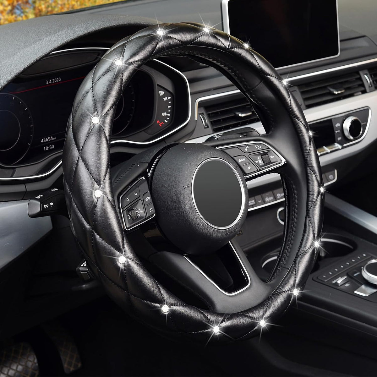 KAFEEK Diamond Leather Steering Wheel Cover, 15 Inch, Pure White