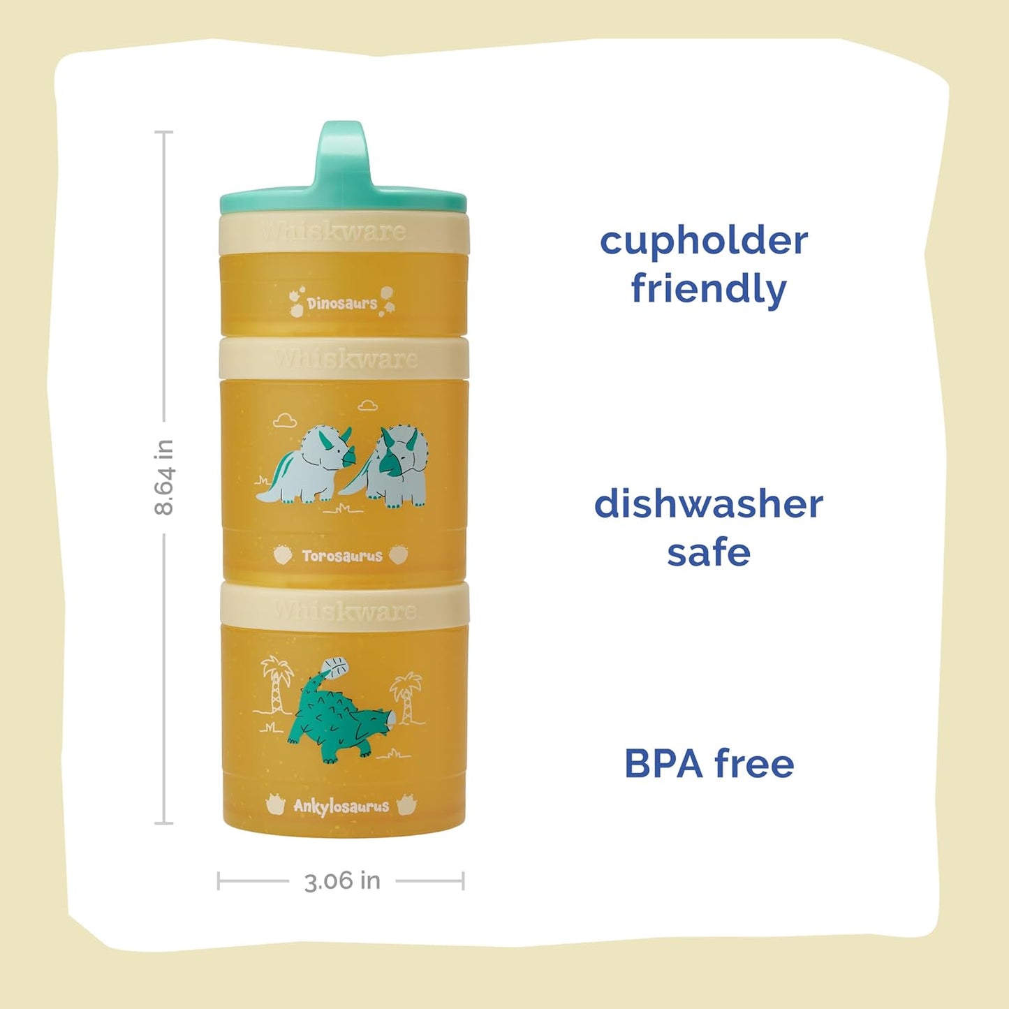 Whiskware Dinosaur Stackable Snack Containers for Babies, Kids, and Toddlers, 3 Stackable Snack Cups for School or Travel, Cupholder Friendly, Blue/Yellow