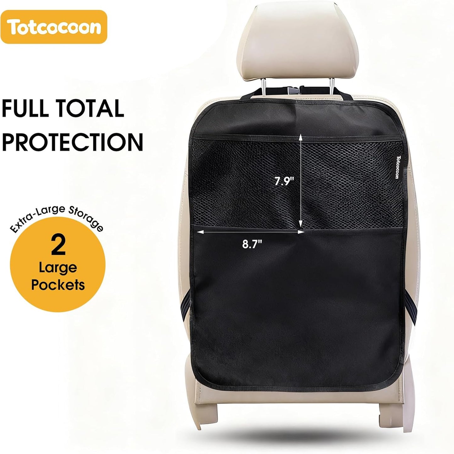 Car Back Seat Protector, 2-Pack Black Waterproof Kick Mats with Custom Storage Pockets, Universal Fit 600D Oxford Fabric Backseat Covers, X-Large Size with Zipper Storage Bag
