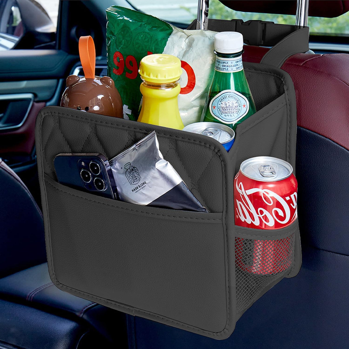 Car Seat Organizer, Backseat Car Organizer, Leather Waterproof Car Back Seat Organizer with Cup Holder Over the Car Seat & Headrest Organizer Backseat Hanging Car Seat Holder Bags