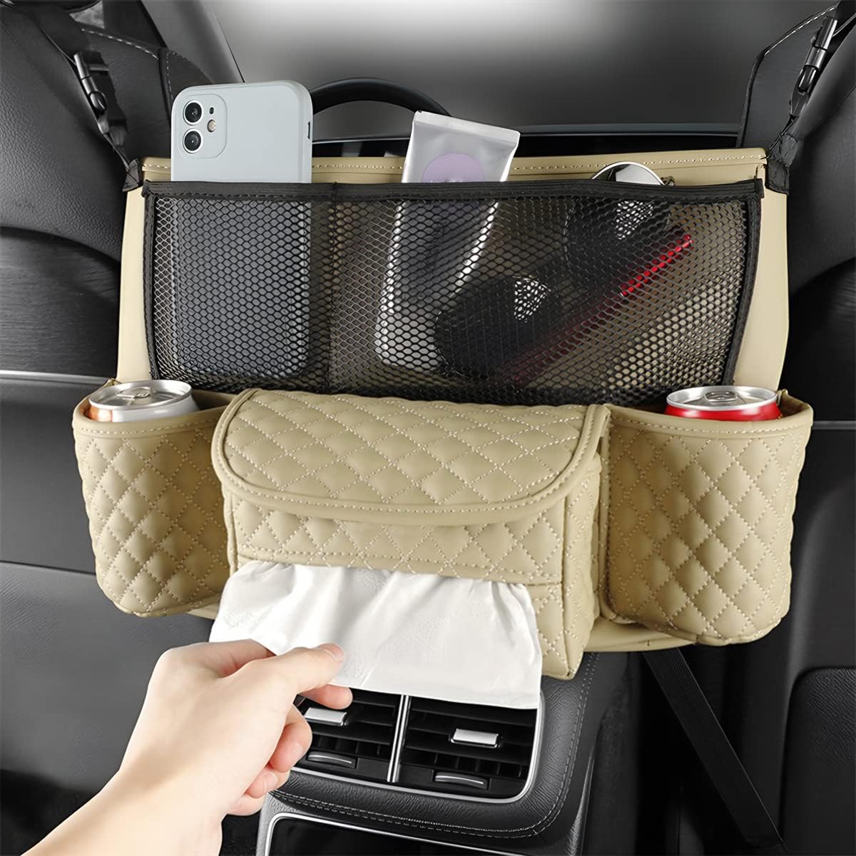 XINLIYA Car Handbag Holder Between Seats, PU Leather Multi-Pocket Large Capacity Purse Holder, Auto Net Bag Barrier of Backseat Pet Kids, Car Seat Organizers and Storage for Cargo Tissue Cup（Beige）
