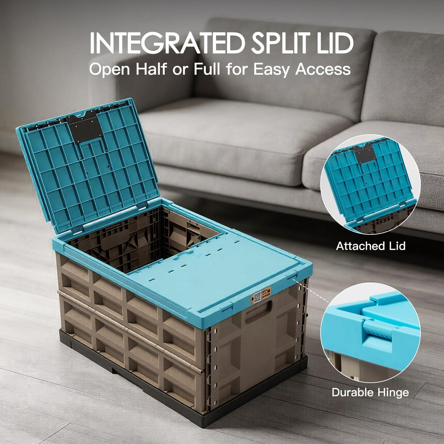 Heavy Duty Collapsible Storage Bins, Attached Lids, 12 Gal, 2 Pack | 400 LBS Stacking Strength, Secure Slide Lock, Durable PP Plastic, For Garage / RV / Car Trunk / Moving