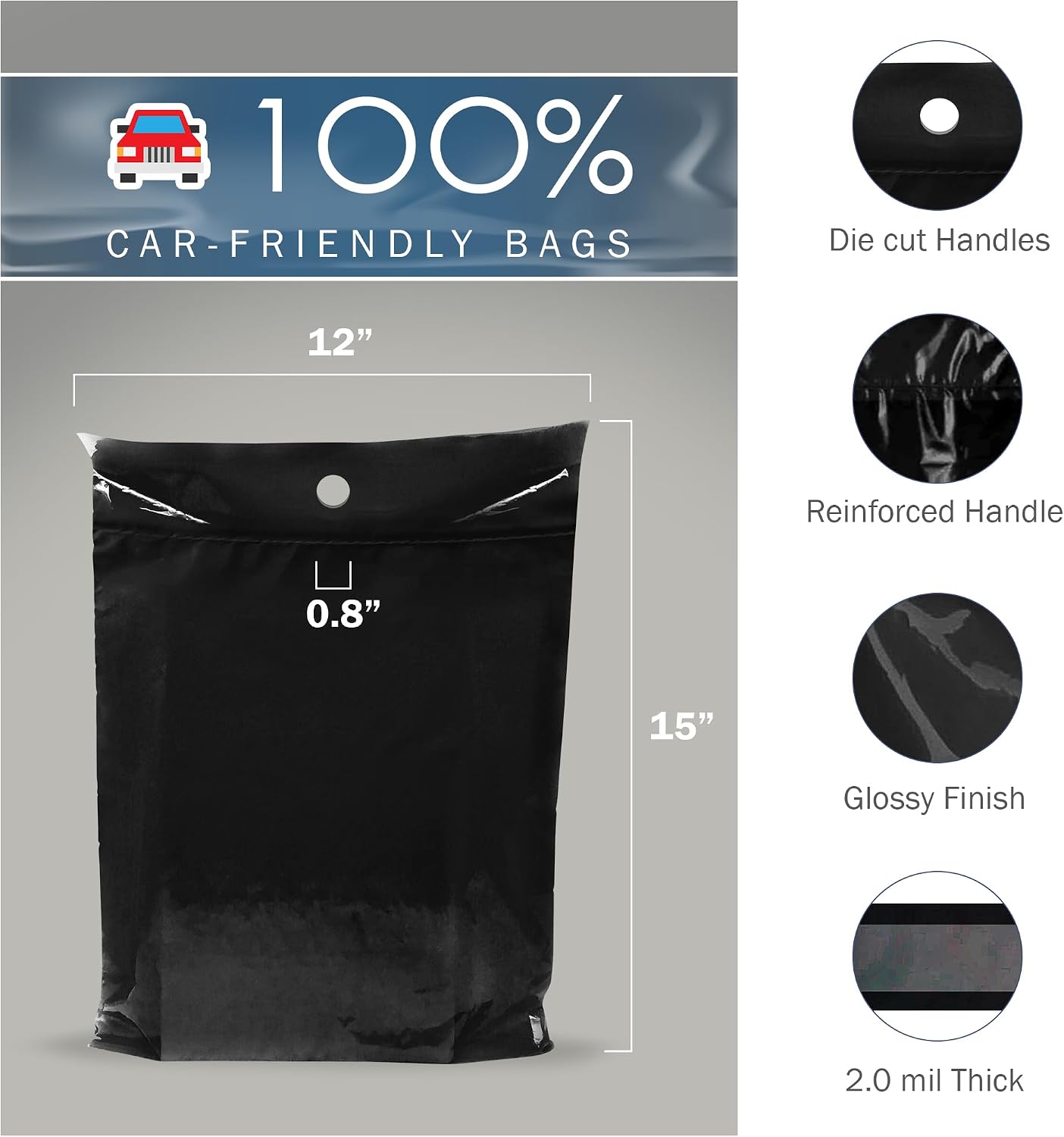12x15 Black Disposable Car Trash Bags, Leak-proof, Medium Size, 50 Pack, 2 Mil Thick, with Die-Cut Handles by PPB