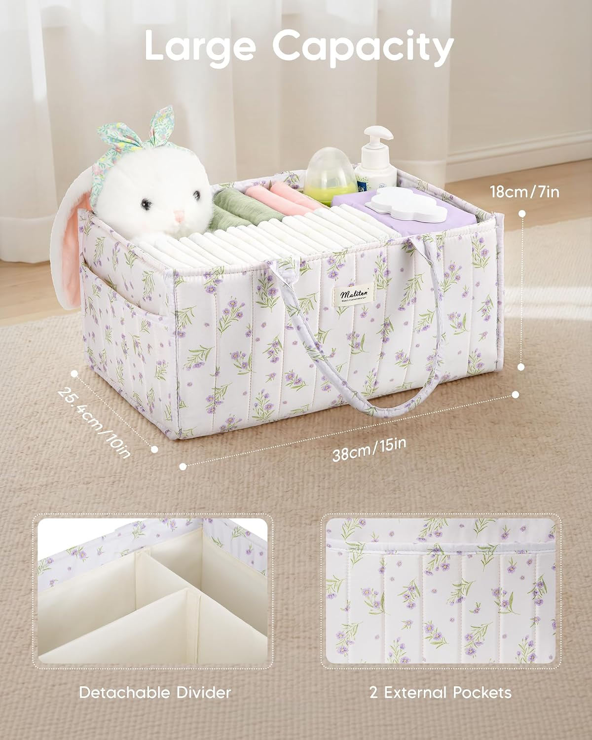 Maliton Diaper Caddy Organizer with 2 Side Pockets, Portable, Purple Floral | with Handle and Removable Dividers, Nursery Storage Basket, Car Organizer for Diapers & Wipes. Boy & Girl Shower Gift