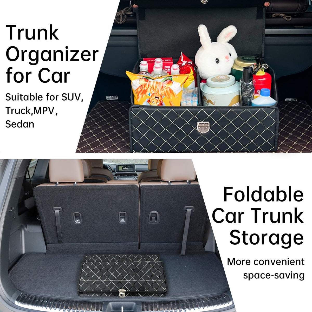 Trunk Organizer for Car With Lid,Foldable Trunk Organizer for SUVs & Sedans,Multi-Functional Leather Storage Box- Black Grid - Small