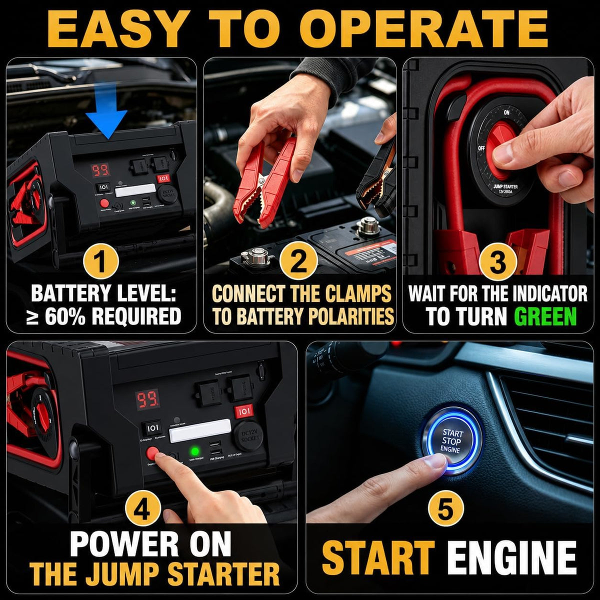 2000A Car Jump Starter with Air Compressor, Portable Power Station with 400W Inverter, 12V Battery Booster for Up to 8.5L Gas/Diesel Engines, Dual AC/DC/USB Outputs for Cars, Trucks, Camping (Black)