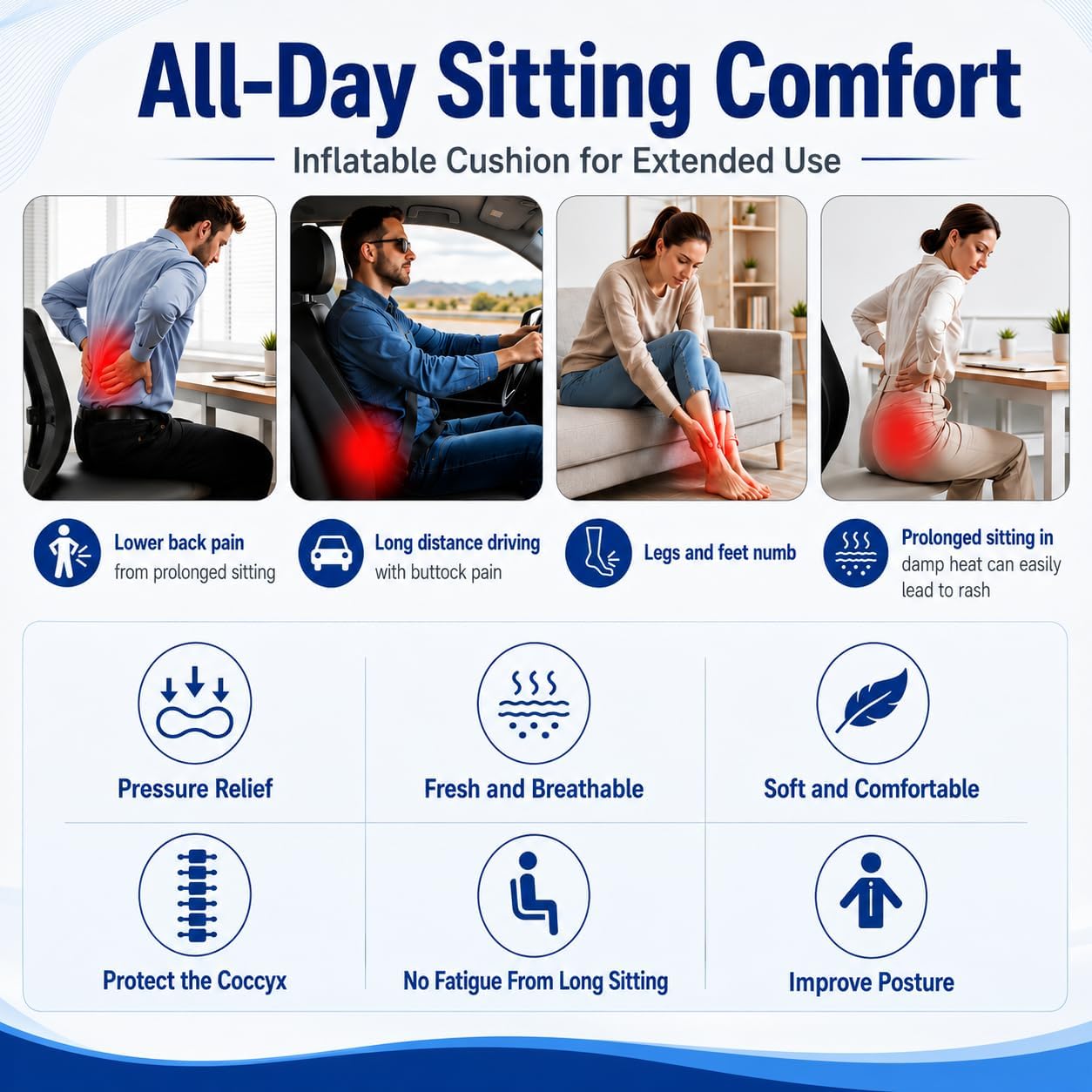 Inflatable Seat Cushion with Press-to-Inflate Design, Airplane Seat Cushion for Long Flights, Travel Cushion for Sciatica Pain Relief, Portable Cushion for Car, Office &amp; Airplane