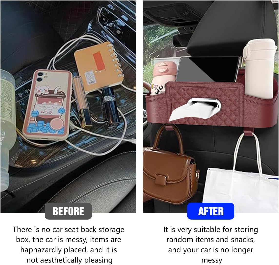 Mandark Headrest-Mounted Backseat Organizer with Cup Holders, Wine Red