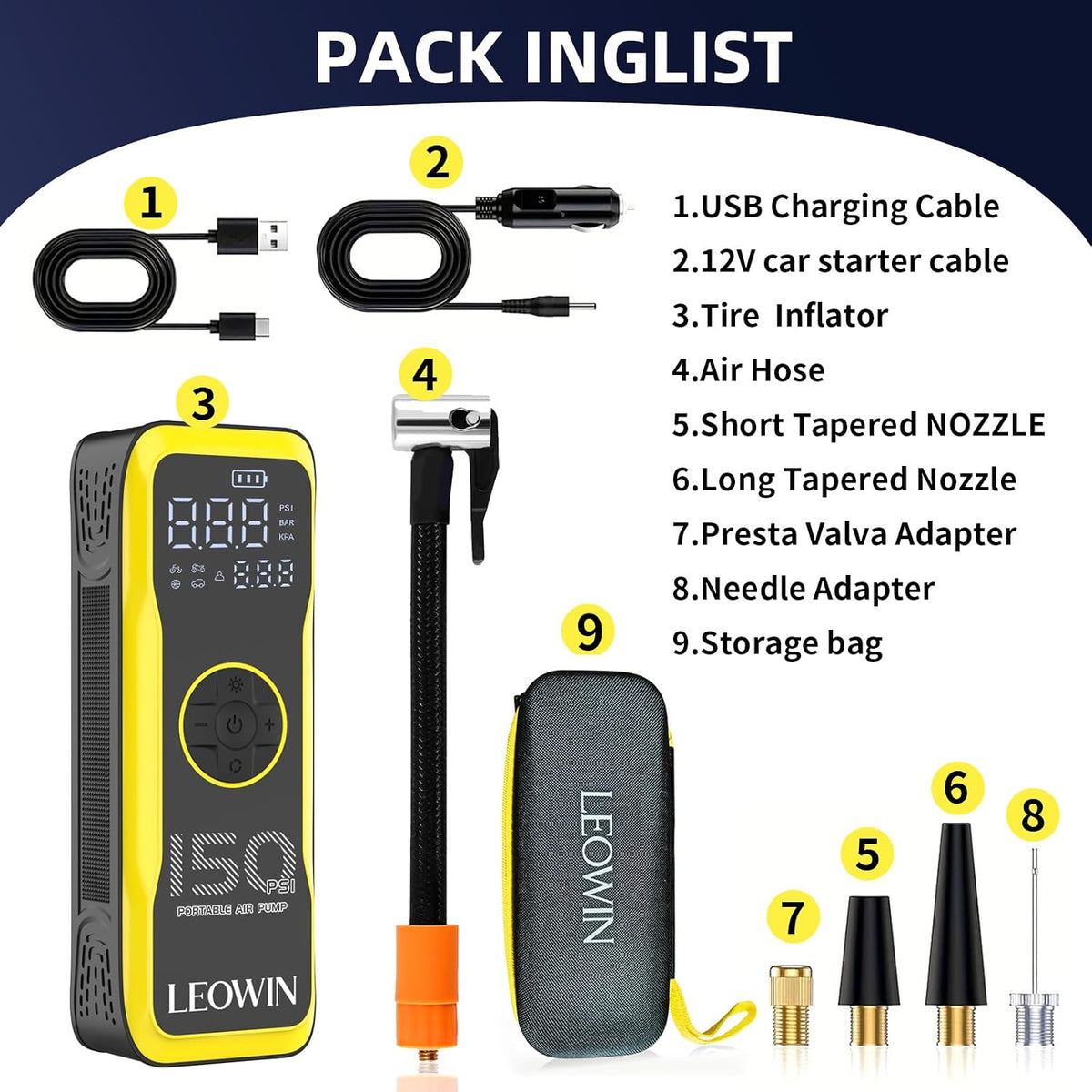 LEOWIN Portable Tire Air Pump with Digital Tire Pressure Meter/LED Light