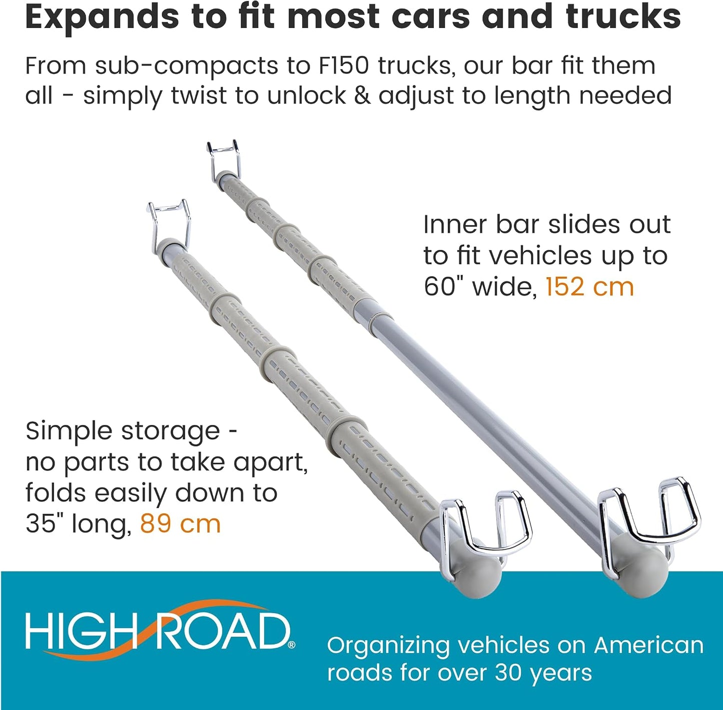 High Road Car Clothes Hanger Bar - Carbon Steel No Assembly Clothes Rod for Car, Truck or Van With Solid Metal Hooks - Fully Assembled Expandable Clothing Bar Slides from 32 To 62" Long