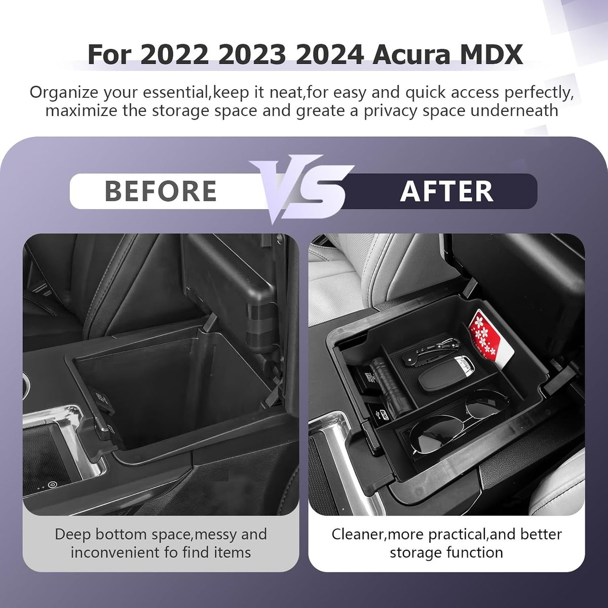 LUWU 2024 A cura MDX Center Console Organizer for 2022 2023 2024 A cura MDX Accessories Armrest Console Storage Box Insert Tray ABS Material Black (NOT FOR 2025 2026 Model)