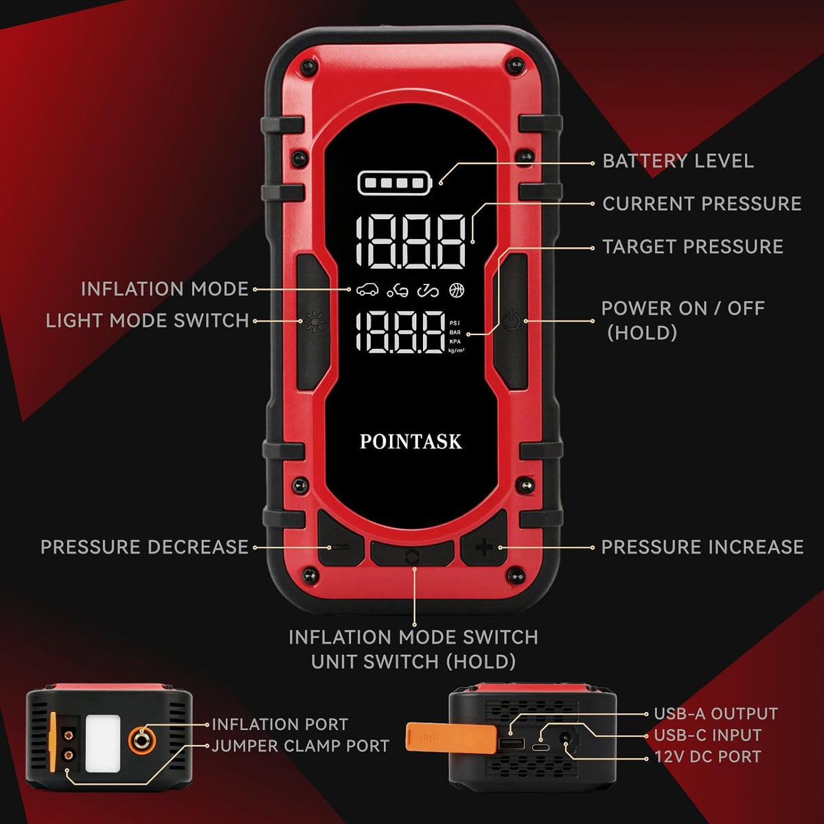 1000A Peak 12V Car Battery Jump Starter Portable with Air Compressor