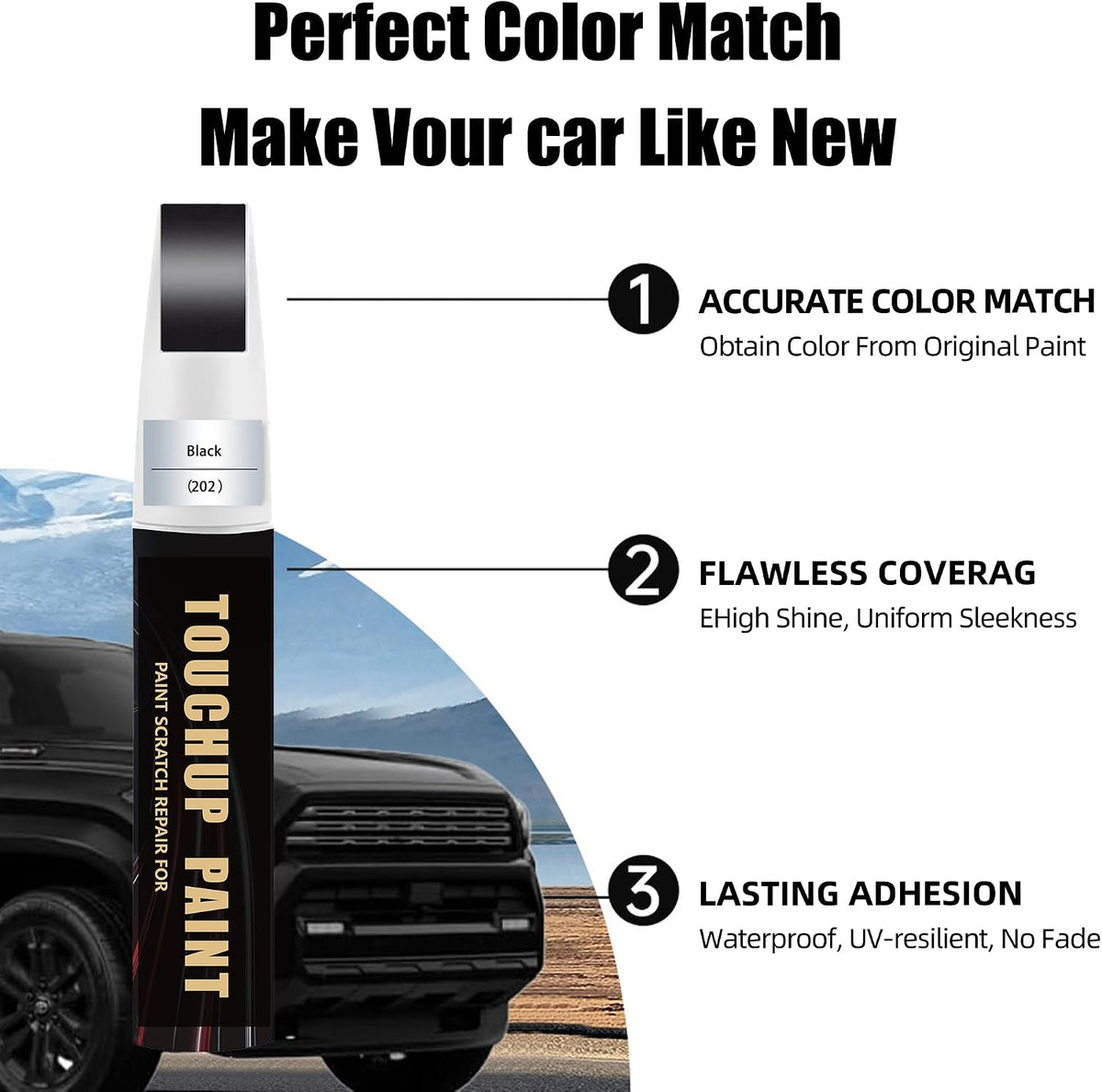 Black(202) Car Paint Touch Up Pen Compatible with Toyota, 2-In-1 Color Accurate Touch Up Car Scratch Repair Paint Exact Match Toyota Series Automotive Scratch Remover for Nicks&Chips Repair