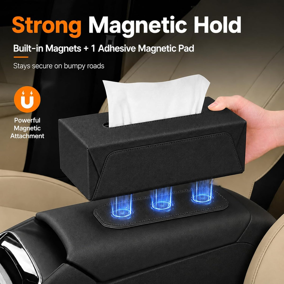 Car Tissue Holder with Magnetic & Strap Mount, Black, 1 Pack