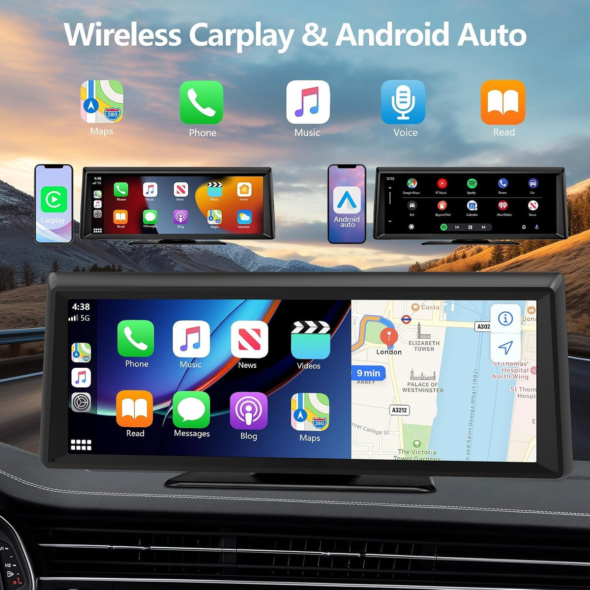 8.1" Portable Wireless Carplay Screen for Car, 2K Dash Cam & 1080P Backup Camera, Touchscreen Car Stereo with Apple Car Play/Android Auto, GPS, Bluetooth, Mirror Link, Voice Control for All Vehicles