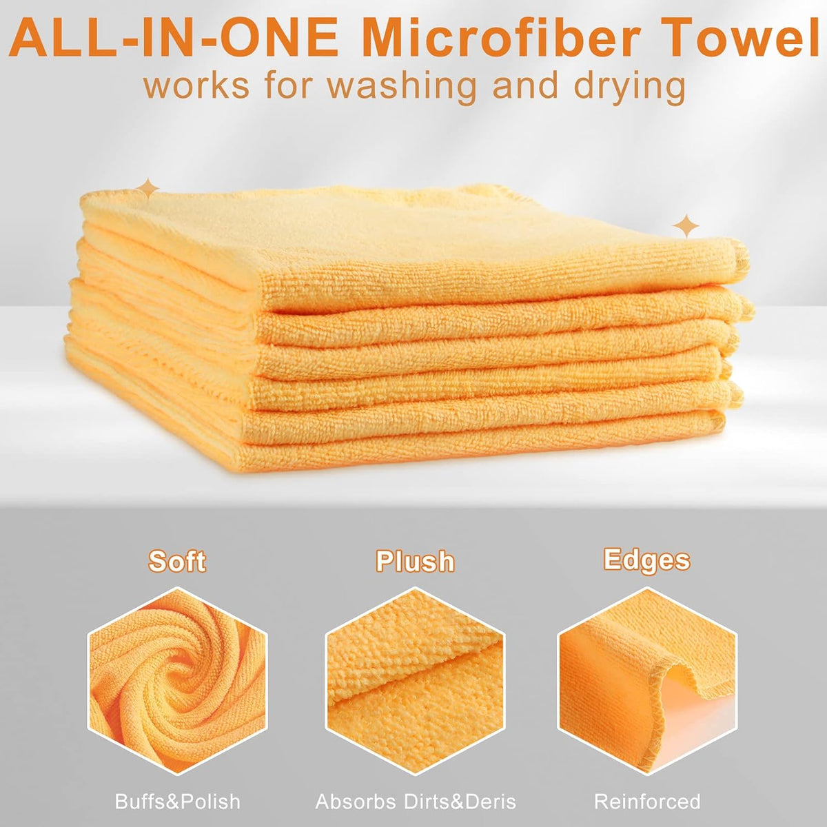 Nuenen Car Microfiber Clean Cloths, Yellow, 16 x 16 Inch, 60 Pcs