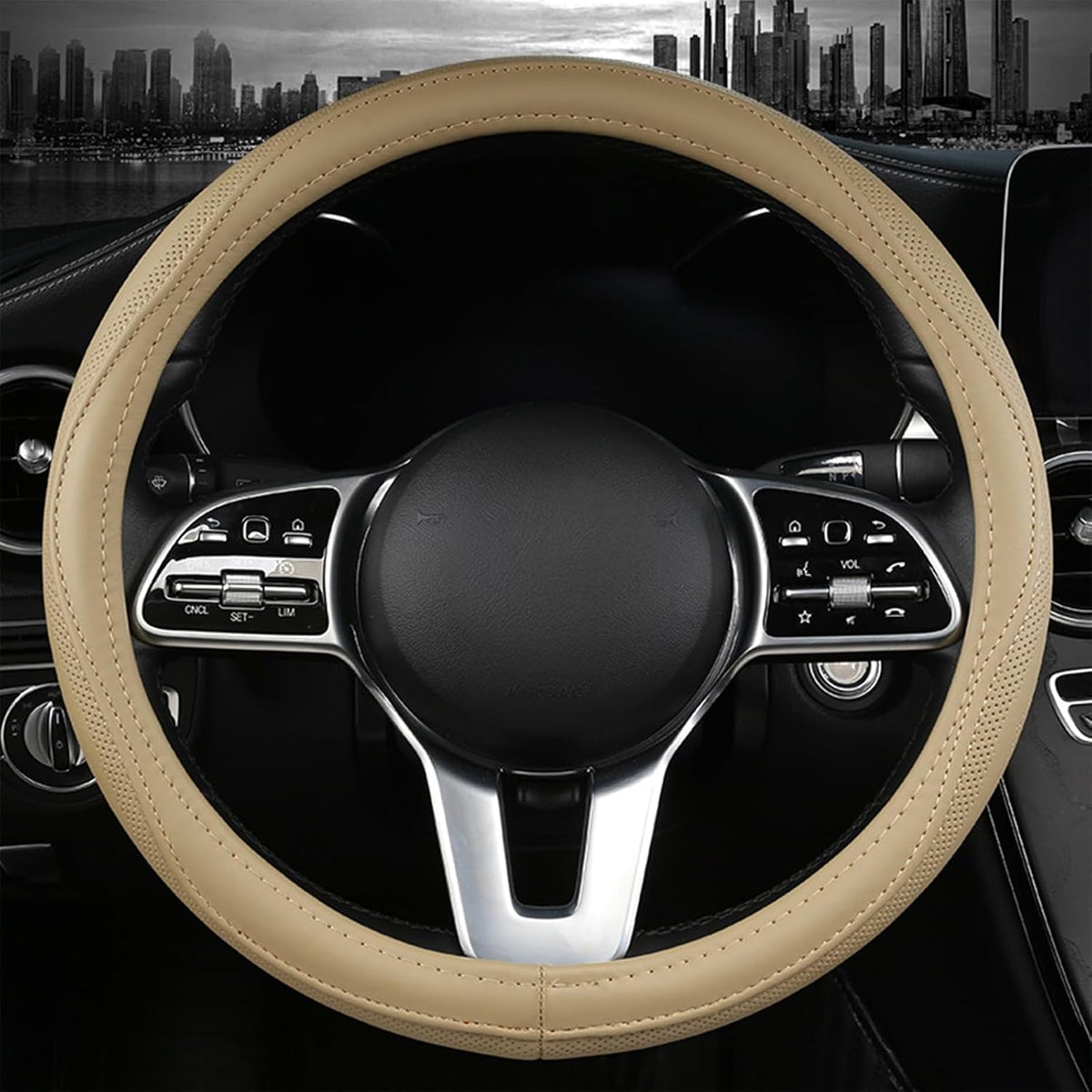 General Cowhide Steering Wheel Cover Heat Resistant Anti-Slip Car Wheel Wrap Compatible with Most Makes and Models of Cars and SUVs with 14.5 to 15 Inch Beige