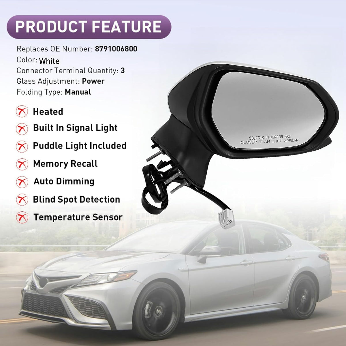Passenger Side View Mirror Compatible With Toyota Camry 2018-2022 3-Pins Manual Folding Power Glass Non Heated Non Blind Spot Rear View Mirror White