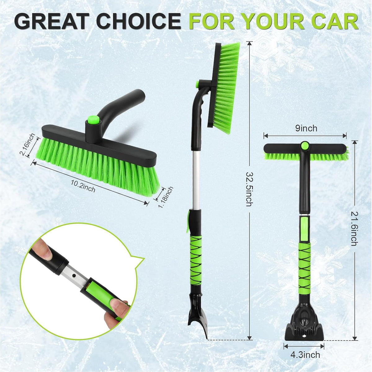 Snow Brush with Ice Scraper 33 inch, 2 in 1 Extendable Snow Removal for Cars with Foam Grip and 360° Pivoting Brush Head, Heavy Duty Snow Cleaner for Auto Truck SUV