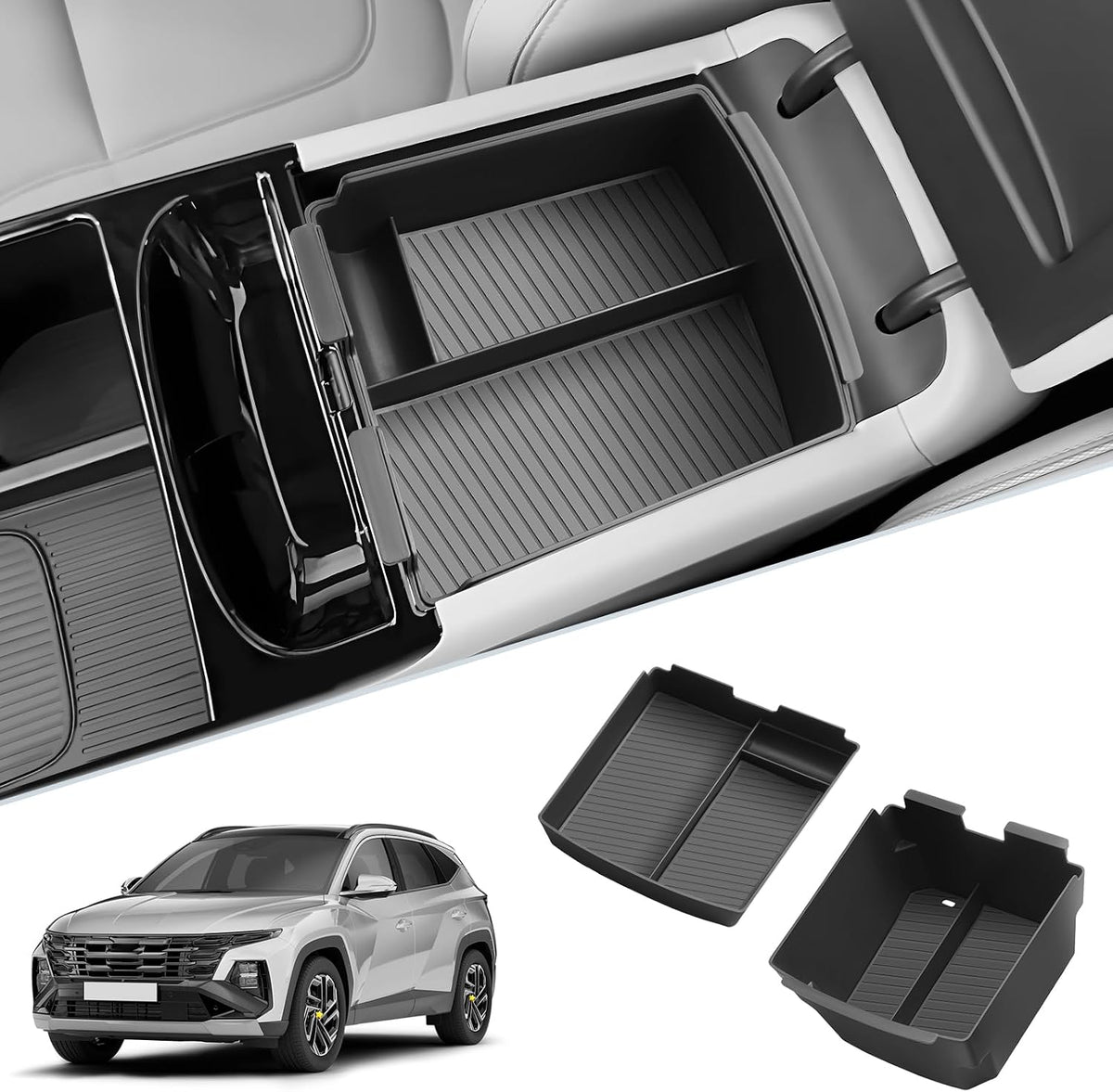 SKTU 2-Pack 2025 2026 Tucson Center Console Organizer for 2025 2026 Hyundai Tucson Limited/Hybrid Console Tray Hyundai Tucson 2025 2026 Accessories with Coin Holder Durable [Double Layers]